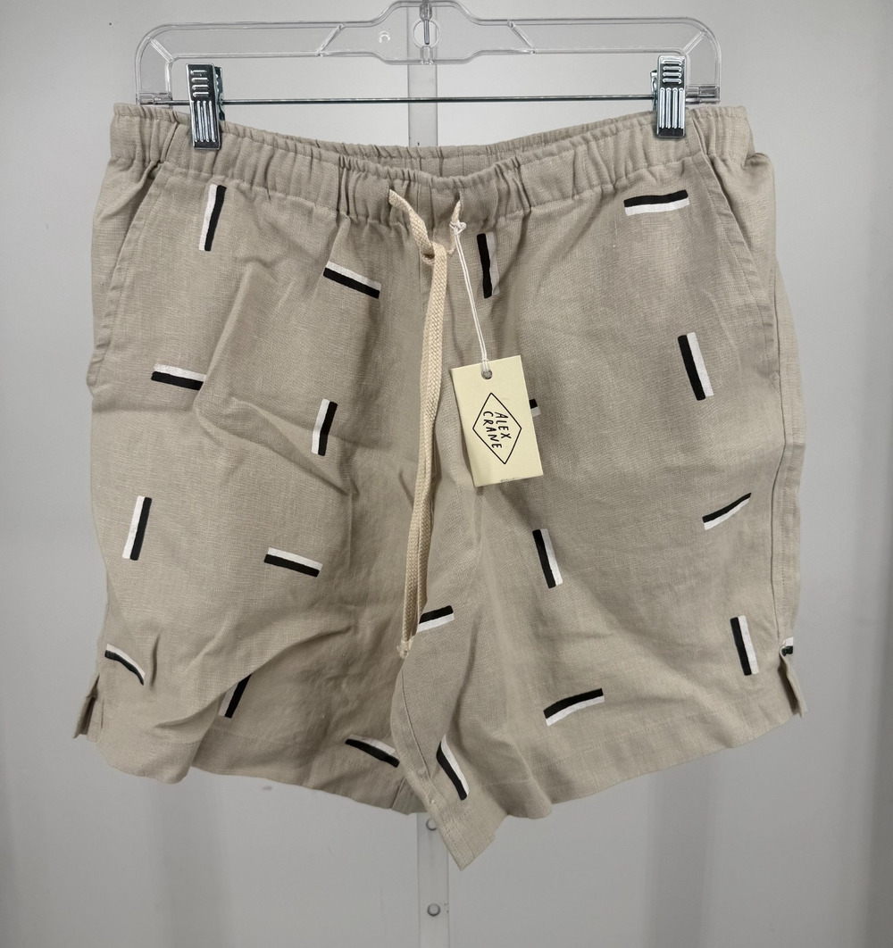 Alex Crane Bo Shorts Men L Tan Drawstring Tie Linen Geometric Comfort Breathable